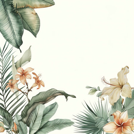 A watercolour delicate muted colour border of exotic tropical leaves at the bottom of the page on a white backgroundの素材