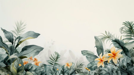 A watercolour delicate muted colour border of exotic tropical leaves at the bottom of the page on a white backgroundの素材