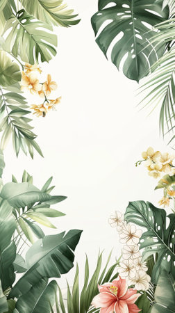 A watercolour delicate muted colour border of exotic tropical leaves at the bottom of the page on a white backgroundの素材