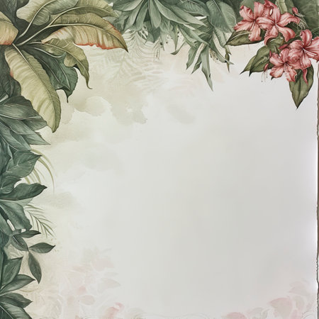 A watercolour delicate muted colour border of exotic tropical leaves at the bottom of the page on a white backgroundの素材