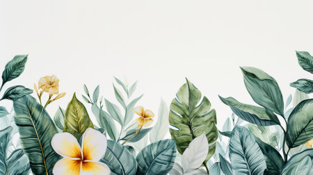 A watercolour delicate muted colour border of exotic tropical leaves at the bottom of the page on a white backgroundの素材