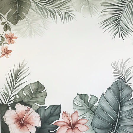 A watercolour delicate muted colour border of exotic tropical leaves at the bottom of the page on a white backgroundの素材