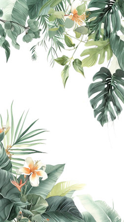 A watercolour delicate muted colour border of exotic tropical leaves at the bottom of the page on a white backgroundの素材