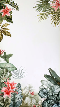 A watercolour delicate muted colour border of exotic tropical leaves at the bottom of the page on a white backgroundの素材
