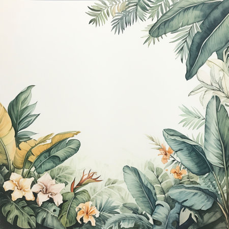 A watercolour delicate muted colour border of exotic tropical leaves at the bottom of the page on a white backgroundの素材