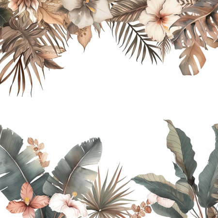 A watercolour delicate muted colour border of exotic tropical leaves at the bottom of the page on a white backgroundの素材