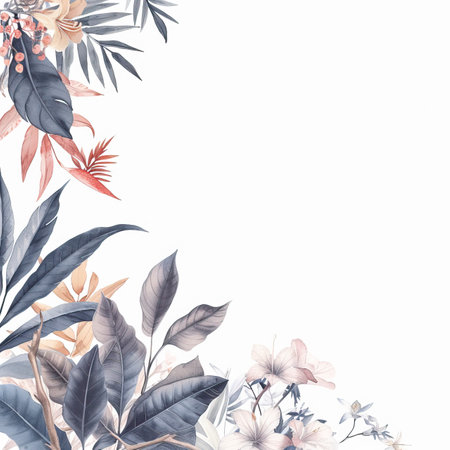 A watercolour delicate muted colour border of exotic tropical leaves at the bottom of the page on a white backgroundの素材
