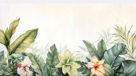A watercolour delicate muted colour border of exotic tropical leaves at the bottom of the page on a white backgroundの素材