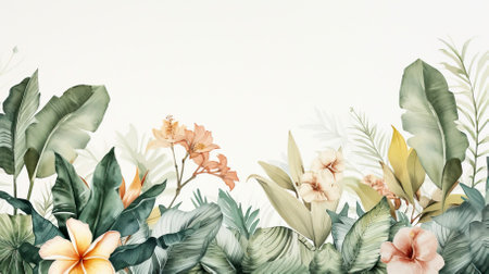 A watercolour delicate muted colour border of exotic tropical leaves at the bottom of the page on a white backgroundの素材