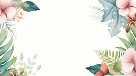 A watercolour delicate muted colour border of exotic tropical leaves at the bottom of the page on a white backgroundの素材