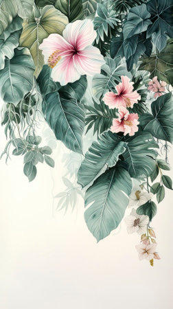 A watercolour delicate muted colour border of exotic tropical leaves at the bottom of the page on a white backgroundの素材
