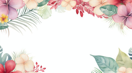 A watercolour delicate muted colour border of exotic tropical leaves at the bottom of the page on a white backgroundの素材