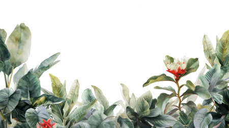 A watercolour delicate muted colour border of exotic tropical leaves at the bottom of the page on a white backgroundの素材