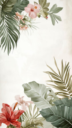 A watercolour delicate muted colour border of exotic tropical leaves at the bottom of the page on a white backgroundの素材