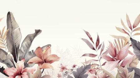 A watercolour delicate muted colour border of exotic tropical leaves at the bottom of the page on a white backgroundの素材