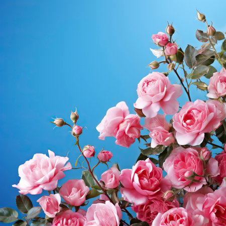 Beautiful_spring_border_blooming_rose_bush_on_a_blue_backgroundの素材