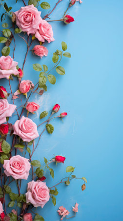 Beautiful_spring_border_blooming_rose_bush_on_a_blue_backgroundの素材