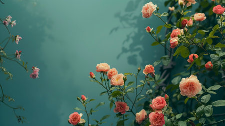 Beautiful_spring_border_blooming_rose_bush_on_a_blue_backgroundの素材