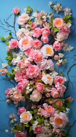 Beautiful_spring_border_blooming_rose_bush_on_a_blue_backgroundの素材