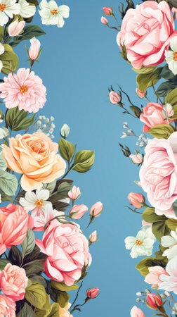 Beautiful_spring_border_blooming_rose_bush_on_a_blue_backgroundの素材
