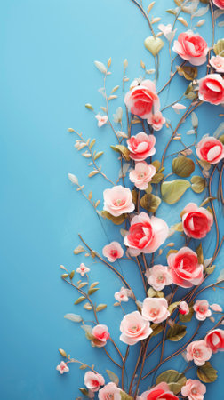 Beautiful_spring_border_blooming_rose_bush_on_a_blue_backgroundの素材
