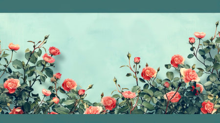 Beautiful_spring_border_blooming_rose_bush_on_a_blue_backgroundの素材