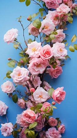 Beautiful_spring_border_blooming_rose_bush_on_a_blue_backgroundの素材