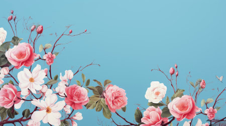 Beautiful_spring_border_blooming_rose_bush_on_a_blue_backgroundの素材