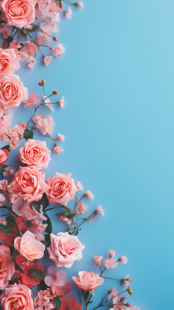Beautiful_spring_border_blooming_rose_bush_on_a_blue_backgroundの素材