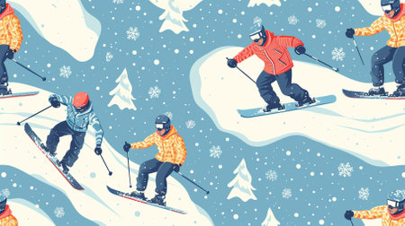 Snowboarders and skiers ride in the ski resort patternの素材