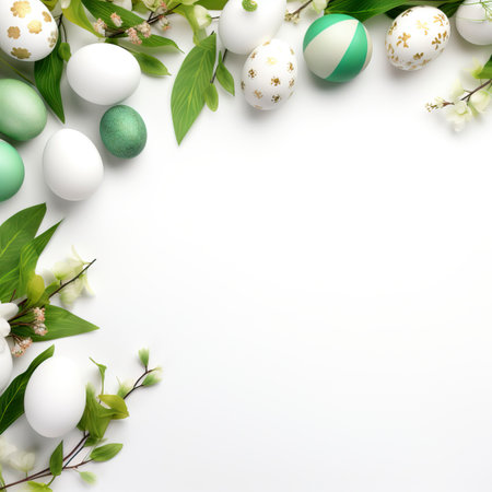 Happy Easter banner, Decorated festive eggs and green leavesの素材