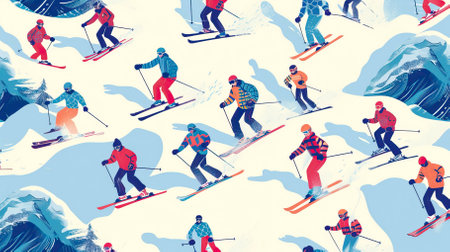 Snowboarders and skiers ride in the ski resort patternの素材