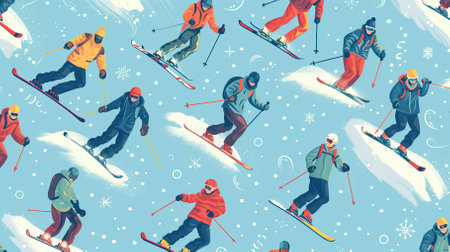 Snowboarders and skiers ride in the ski resort patternの素材