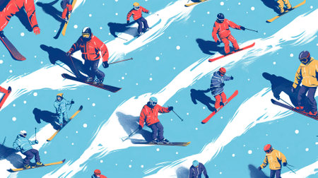 Snowboarders and skiers ride in the ski resort patternの素材