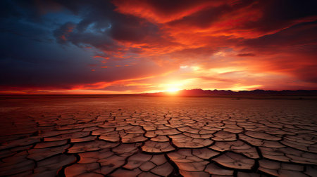 dramatic sunset over cracked earth. Desert landscapeの素材