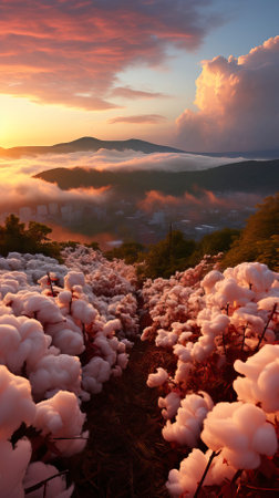 Cotton plant field with mountains and sky in the style of (40)-gigapixel-low res-scale-2 50x.jpegの素材