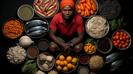 A picture with many red bowls of food and fish.  Food Illustrationの素材