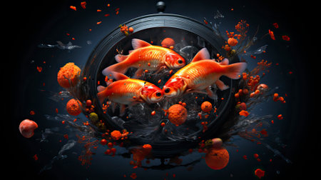 A picture with many red bowls of food and fish.  Food Illustrationの素材