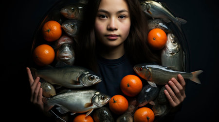 A picture with many red bowls of food and fish.  Food Illustrationの素材