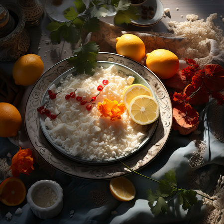 A plate of rice with vegetables. Food Illustrationの素材