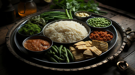 A plate of rice with vegetables. Food Illustrationの素材