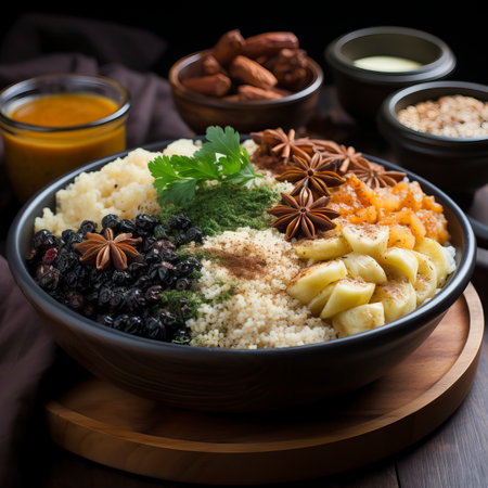 An indian rice pudding surrounded by bananas nuts cashews. Food Illustrationの素材