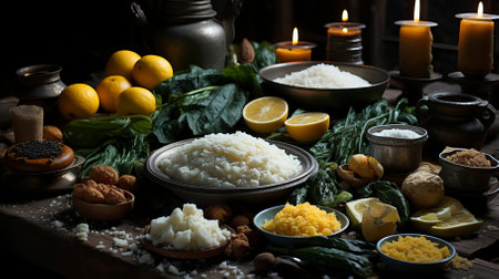 An indian rice pudding surrounded by bananas nuts cashews. Food Illustrationの素材