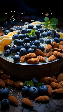 An indian rice pudding surrounded by bananas nuts cashews. Food Illustrationの素材