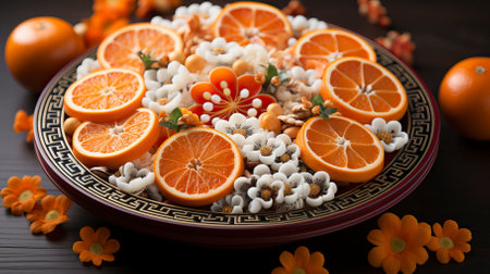 An array of food on a table in the style of chinese new year. Food illustrationの素材