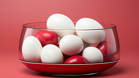 The eggs are in a bowl with lanterns on a red backgroundの素材
