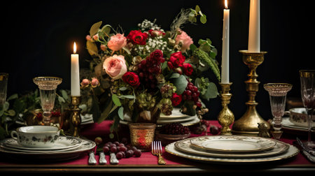 Festive table setting with plates, candles and floral bouquet. Food Illustrationの素材