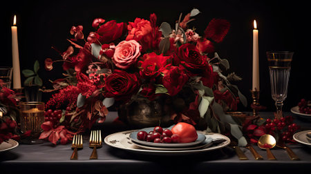 Festive table setting with plates, candles and floral bouquet. Food Illustrationの素材