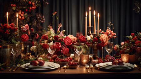 Festive table setting with plates, candles and floral bouquet. Food Illustrationの素材