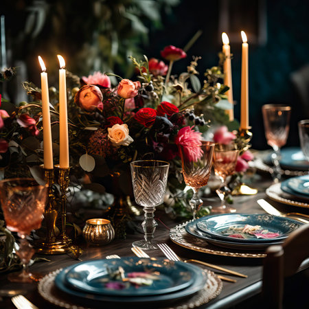 Festive table setting with plates, candles and floral bouquet. Food Illustrationの素材